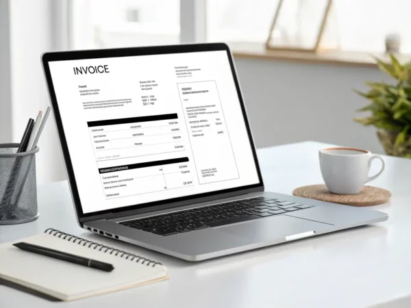 A close-up shot of a professionally designed invoice template on a laptop screen, showcasing clear sections for services, rates, and payment terms. The background is a modern office setting.